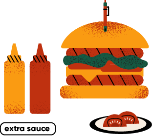 burger, ketchup, mustard and tomatoes